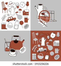 Vector illustration set of agriculture and village icons. Contains icons such as mushrooms, basket, branch, kettle, rubber boots and more