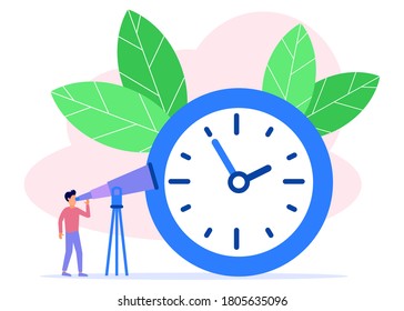 Vector illustration, set an alarm clock, time management concept, start work, work team, transfer time back.