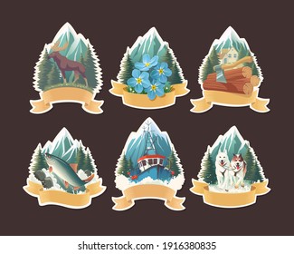 Vector illustration set with Alaska natural scenery, labels and stickers design with fishing boat, sledding dogs, lumberjack axe, majestic moose, salmon in the stream and forget-me-not flowers