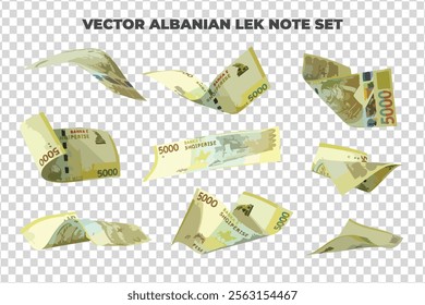 Vector illustration of set of Albanian lek notes flying in different angles and orientations. Currency note design in Scalable eps format
