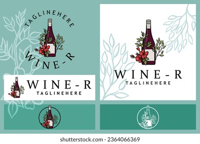 Vector illustration set of alcohol bottles combination of flowers and glasses, wine logo