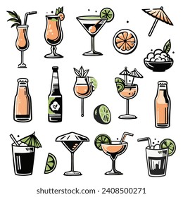 Vector illustration of a set of alcoholic cocktails. Illustration of classic drinks in different types of glasses. Vector illustration of summer cocktails. Banner with soft and alcoholic drinks.