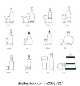 Vector illustration of a set of alcoholic drinks in bottles and wine glasses on a white background. Line art.
