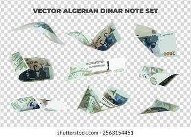 Vector illustration of set of Algerian dinar notes flying in different angles and orientations. Currency note design in Scalable eps format
