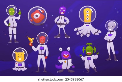 Vector illustration of a set, alien characters of different colors, shapes and sizes. Cute figures in spacesuits on a purple space isolated background. Suitable for children's design. Flat style.