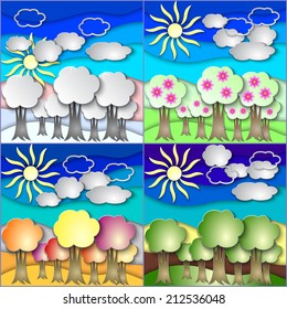 Vector illustration set of all season forest made in paper like technic