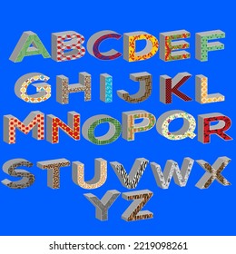 Ilustración vectorial de letras 3d del alfabeto con patrones aislados en fondo azul. Colección tipográfica de impresiones animales, texturas geométricas y florales a letras abc.