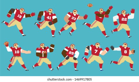 Vector illustration of a set of American football players running and playing in different positions wearing red jerseys and beige pants.  Editable vector illustration