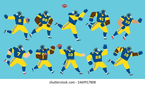 Vector illustration of a set of American football players running and playing in different positions wearing blue jerseys and yellow pants. Editable vector illustration