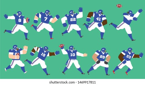 Vector illustration of a set of American football players running and playing in different positions wearing blue jerseys and white pants. Editable vector illustration