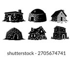 Vector illustration set of ancient stone houses with different shapes and designs. Suitable for game assets, icons, and graphic design projects. Clean silhouette style.