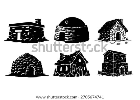 Vector illustration set of ancient stone houses with different shapes and designs. Suitable for game assets, icons, and graphic design projects. Clean silhouette style.