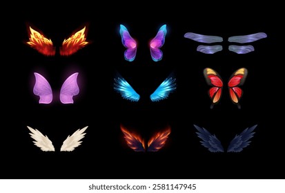 Vector illustration of a set with angel, demon, fairy, butterfly, bird and dragonfly wings effects. Multicolored, bright neon, white, burning, black, iridescent wings. Fantasy. Black background.