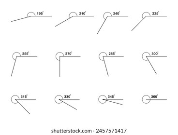 Conjunto de Ilustración vectorial de ángulo grado grado icono. Ángulo 195, 210, 225, 240, 255, 270, 285, 300, 315, 330, 345 y 360 grados icono sobre fondo blanco.