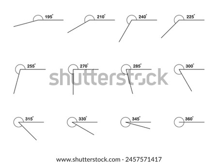 Vector illustration set of angle degree grade icon. Angle 195, 210, 225, 240, 255, 270, 285, 300, 315, 330, 345 and 360 degree icon on white background.