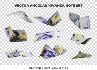 Vector illustration of set of Angolan kwanza notes flying in different angles and orientations. Currency note design in Scalable eps format
