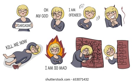Vector illustration. Set of angry woman expression isolated. There are 8 stickers.