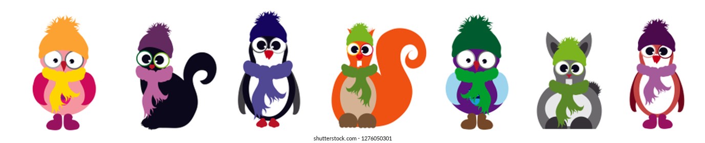 Vector illustration of set of animal dressed in a scarf and cap.