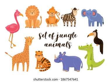 Vector illustration set of animal including flamingo, lion, monkey, zebra, elephant, toucan, crocodile, rhino, tiger, giraffe. Jungle animals isolated on white. Cute animals for children's decoration 