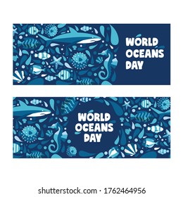 vector illustration of set of animal in sea like fish, jaw, jelly fish, shrimp and sea horse its good for world ocean day banner poster flyer