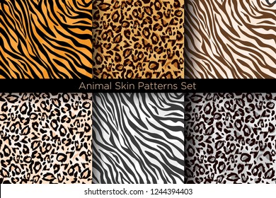 Vektorgrafik-Set von nahtlosen Tierdrucken. Tiger- und Leopardenmuster Kollektion in verschiedenen Farben in flachem Stil.