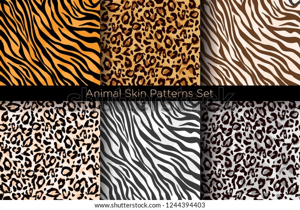 Vector illustration set of animal seamless prints.\
Tiger and leopard patterns collection in different colors in flat\
style.
