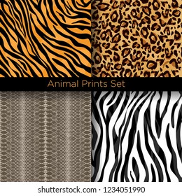 Vector illustration set of animal skin seamless patterns. Tiger, zebra, snake and leopard skins patterns collection.