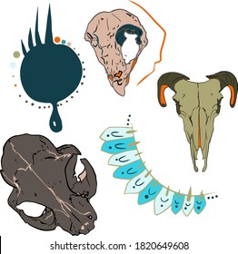Ilustración vectorial de un conjunto de cráneos animales, símbolos en el estilo místico. Para imprimir en paquetes, ropa, espacios en blanco para diseñadores, icono, tatuajes, pegatinas