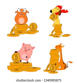 Vector illustration of a set of animals with bitcoint