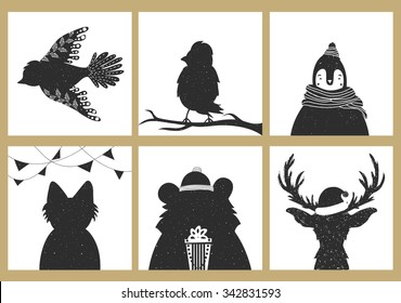 Vector illustration set with animals. Christmas and New Year greeting cards, badge templates, t-shirt print design. Vintage style typography posters with birds, bear, cat, deer and penguin. Winter art