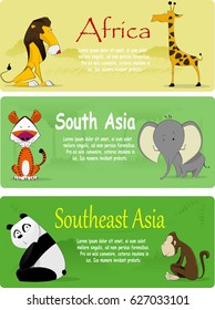 Vector illustration with set of animals from different sides of world. First set from three