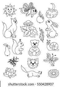 Vector illustration Set of animals and fruit. Doodle drawing. Meditative exercises. Coloring book anti stress for adults. Black and white.