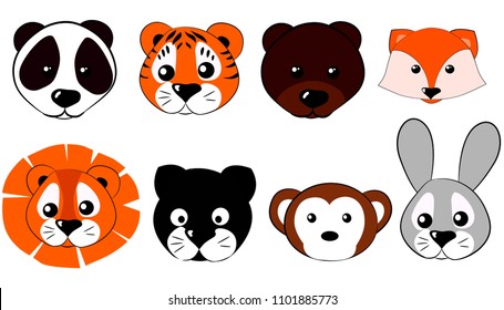 vector illustration set of animals ; hare, Fox, Panther, tiger ,lion , Panda, bear, monkey