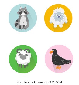 Vector illustration of a set of animals icons (raccoon, yeti, male sheep, crow)