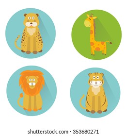 Vector illustration of a set of animals icons (tiger, lion, giraffe, jaguar)