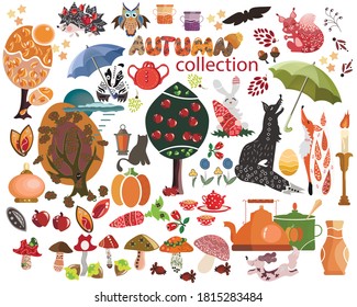 
Vector illustration. A set of animals, plants and objects on the theme of autumn.
