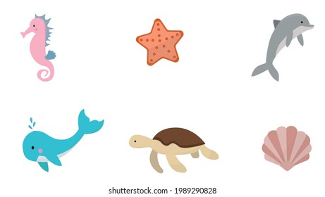 Vector illustration. A set of animals that live in the ocean. Seahorse, starfish, dolphin, and others. Can be used to create posters, banners, postcards, flyers.