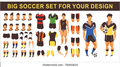 vector illustration set for the animation form clothing for the soccer player body parts gestures, hairstyle, for movement on a white background