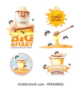 vector illustration set of Apiary symbols. Bee, honey, bee house, honeycomb. Emblem of Man beekeeer in costume. beehive, wax.