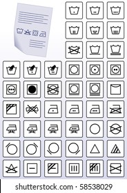 Vector illustration set of apparel care instruction symbols. All vector objects are grouped and tagged with a description of the symbol.