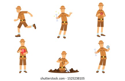 Vector Illustration Set Of Archaeologist Character Actions Isolated On White Background