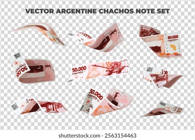 Vector illustration of set of Argentine chachos notes flying in different angles and orientations. Currency note design in Scalable eps format
