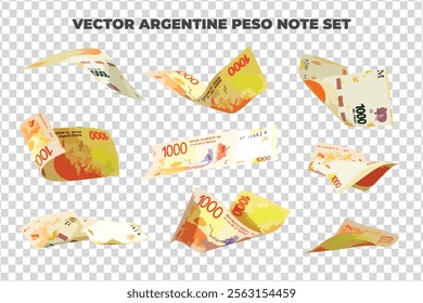 Vector illustration of set of Argentine peso notes flying in different angles and orientations. Currency note design in Scalable eps format
