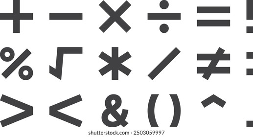 Vector illustration set of arithmetic symbols such as operators, add, subtract, multiply, divide, equal, etc.