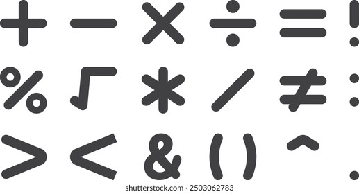 Vector illustration set of arithmetic symbols such as operators, add, subtract, multiply, divide, equal, etc.