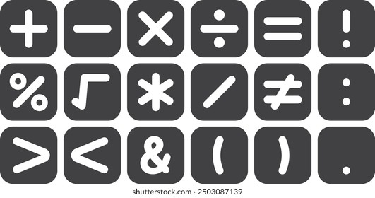 Vector illustration set of arithmetic symbols such as operators, add, subtract, multiply, divide, equal, etc.