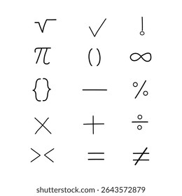 Conjunto de ilustrações vetoriais de símbolos aritméticos como operadores, adicionar, subtrair, multiplicar, dividir, igual, etc