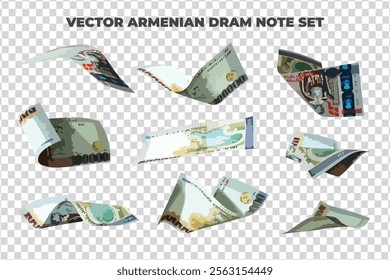 Vector illustration of set of Armenian dram notes flying in different angles and orientations. Currency note design in Scalable eps format
