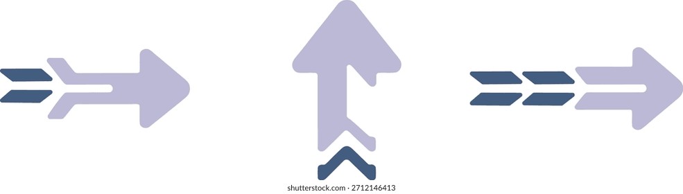 Ilustración vectorial de un conjunto de flechas, una apuntando hacia arriba y dos hacia la derecha, diseñadas con Elementos dinámicos de velocidad o progreso en colores púrpura claro y azul oscuro.