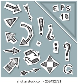 Vector illustration of a set of arrows in paper cut doodle style